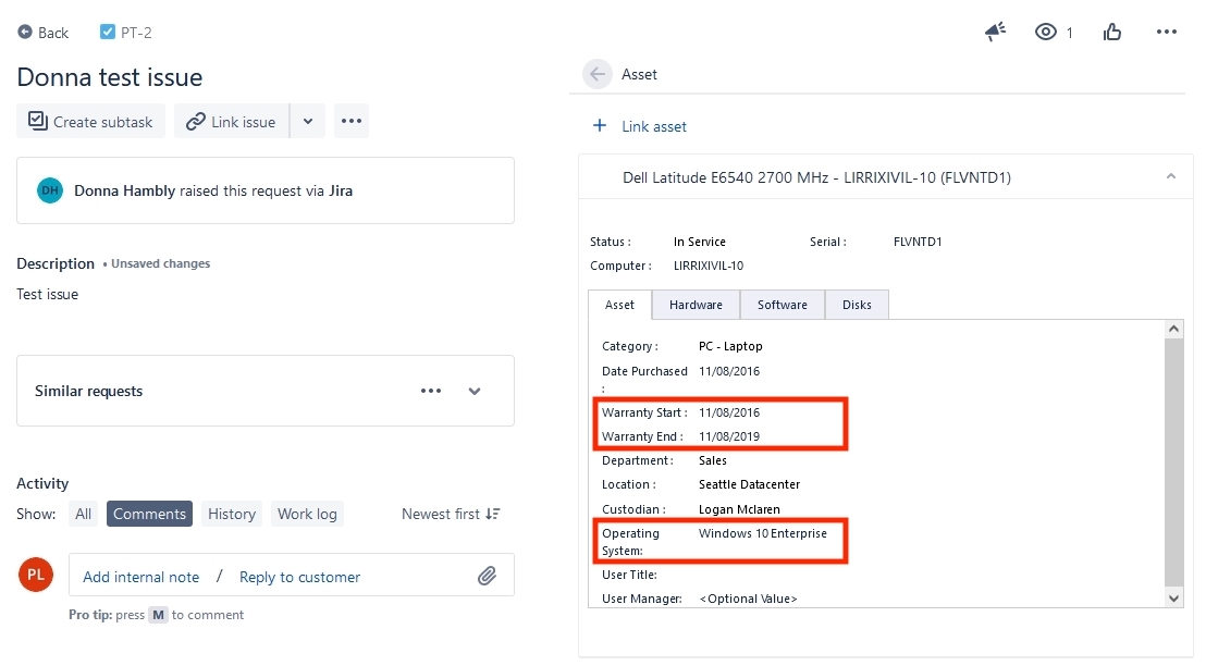 xAssets JIRA Asset Panel Integration - Screenshot